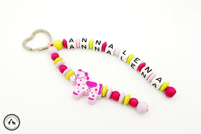 Taschenbaumler/Key fob with wish name-horse in lemon/pink/Pink image 1