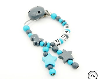 Pacifier chain with name - Dino/Stars in grey/turquoise