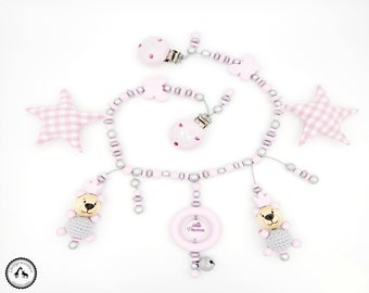 Kinderwagenkette/Wagenkette mit Namen - Häkelbär/Kleine Prinzessin/Schmetterling/Stoffstern in rosa/silber