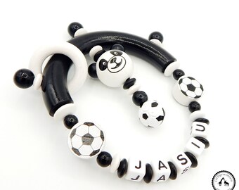 Greifling/Greifring mit Namen - Fußball/Panda in schwarz/weiss