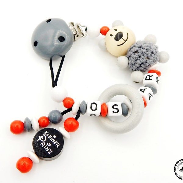 Collier sucette avec nom - Crochet Ours/Petit Prince en gris/rouge/noir/blanc