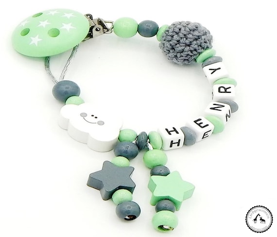 Schnullerkette mit Name Wunschname❤EULE❤DUNKELBLAU//MINT//WEISS❤Junge