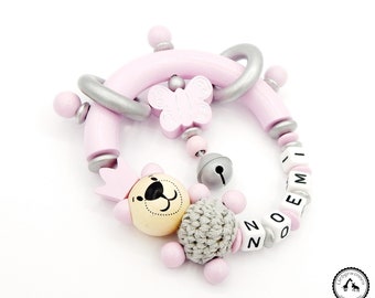 Grippling/Greifring with Name-Häkelbär/crown/butterfly in Pink/silver-new and individual-