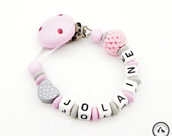 Pacifier necklace with name - crochet bead/heart in light grey/pink