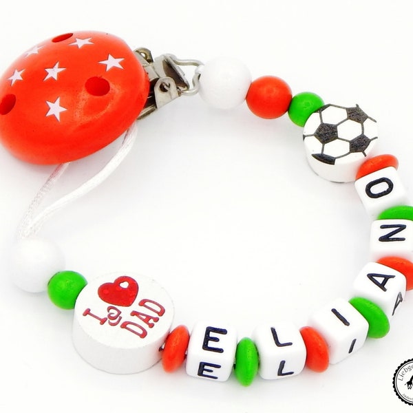 Collier sucette avec nom - Football/J’adore Maman/Papa en vert/rouge/blanc