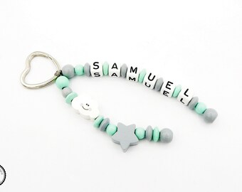 Pocket tree tater keyring with wishful name-pocket trailer kit name tray-stellar chain in light grey/mint