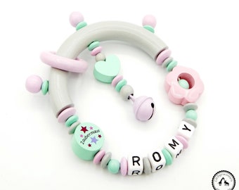 Gripping/Greifring with name-flower/Heart/Magic mouse in light grey/mint/Pink