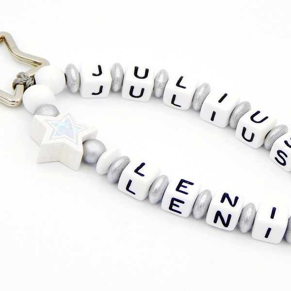 Taschenbaumler/Key fob with wish name-Glitter star in silver/white