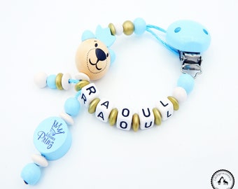 Pacifier necklace with name - Bear/Little Prince/Crown in baby blue/gold/white