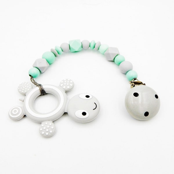 Silicone/silicone chain chain with/without name - Turtle in light grey/mint - New and individual