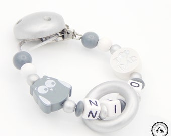 Schnullerkette mit Namen - Eule/I love Mum/Dad in grau/silber/weiss