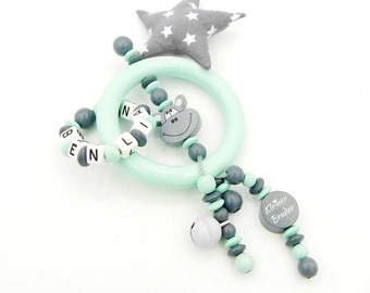 Grippling/Greifring with name-little brother/Hippo/fabric star in grey/mint-double name-