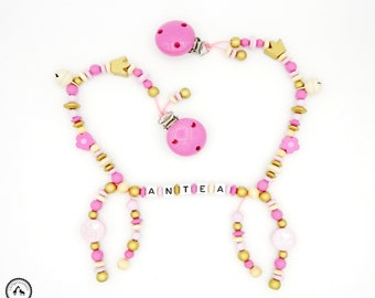 Stroller chain with Name-flower/I love Mum/dad/Crown in beige/gold/raspberry/Pink