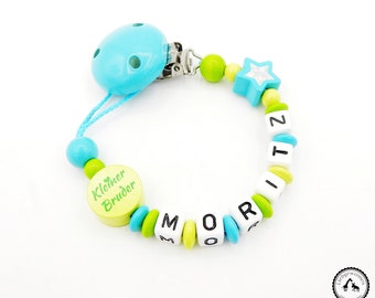 Pacifier chain with name - Glitter star/Little brother in light green/lemon/turquoise