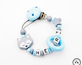 Pacifier chain with name - Fox/Star in baby blue/light grey - New