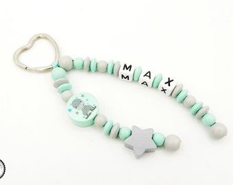 Taschenbaumler/keyring with name-Little Prince/Hippo/star in light grey/mint