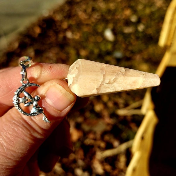 Peach Moonstone Pendulum with clear quartz inclusion & moon fairy charm, cool natural stone imperfection on top