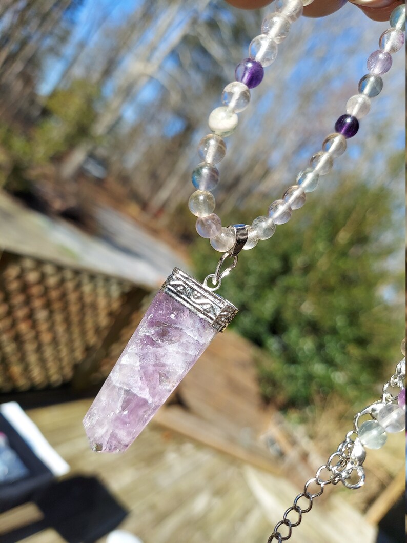 Flourite Beaded Necklace with Flourite Pencil Pendant