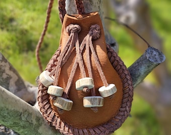 Handcrafted medium size Buckskin Leather Medicine Bag, Whitetail beads, , Long enough to fit around neck. BONUS Free Random picked Arrowhead