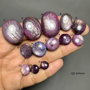 May include: Thirteen oval and round cabochon-cut star rubies in varying shades of purple and magenta, each marked with a number from 1 to 13. The stones display visible asterism and internal inclusions, with a size range labeled as 29-10mm.