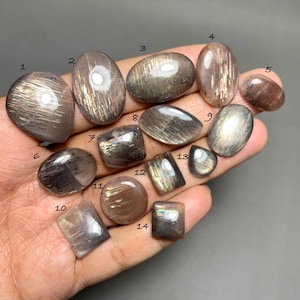 Puede incluir: Una colección de catorce piedras preciosas de piedra de sol pulidas en cabujón, con formas variadas que incluyen óvalos, círculos y rectángulos. Cada piedra muestra un tono gris parduzco con inclusiones brillantes y está numerada del 1 al 14.