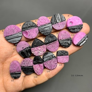 May include: A collection of fifteen small, two-toned cabochons, each featuring a porous, bright pink upper section and a smooth, vertically striated black lower section. The pieces are numbered 1 through 15, with a size range of 21-13mm.