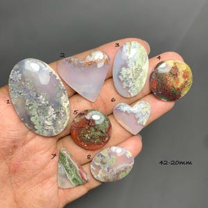May include: Eight polished dendritic agate cabochons in various shapes including ovals, hearts, and circles, featuring moss-like inclusions in shades of green, red, and purple against a translucent white base, labeled 1-8 with text 42-20mm.