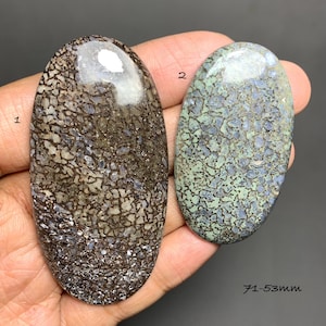 May include: Two oval-shaped polished stones. Stone 1 is brown with a network pattern. Stone 2 is green and blue with a similar pattern. The stones measure 71-53mm in length.