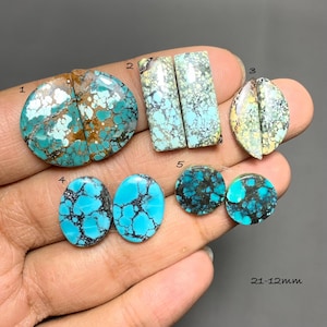 Puede incluir: Una colección de piedras preciosas de turquesa pulidas en varias formas y tamaños, numeradas del 1 al 5. Las piedras muestran tonos azules y verdes vibrantes con intrincados patrones de matriz marrón oscuro y negro, de 12mm a 21mm.