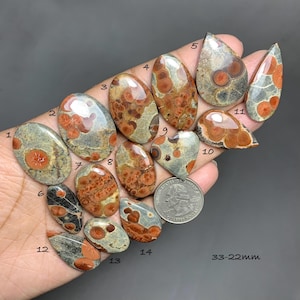 May include: A collection of fourteen polished gemstones in various shapes, including oval and teardrop. The stones feature a mix of colors, including gray, brown, and orange, with unique patterns. The size of the stones is 33-22mm.