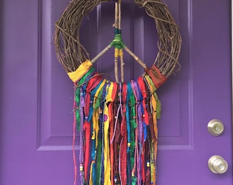 Rainbow Pride Peace Sign Wreath for Front Door Protest Sign Housewarming Wall Art Hippie Gift Summer Front Porch Decor Boho Tassels Resist