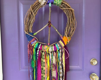 Peace Sign Boho Wreath | Hippie Front Door Decor | Silk Sari Wall Art Hanging