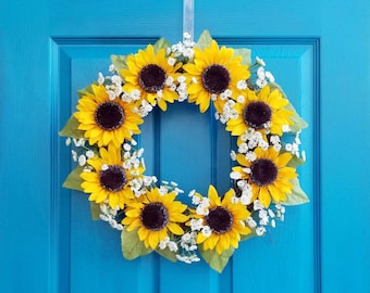 Sunflower Wreath, Queen Anne's Lace, Country Decor, 16-18 inch