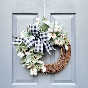 Lambs Ear Cotton Wreath, Black and White Gingham Bow, Farmhouse Decor