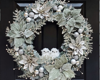 Sage and Silver Poinsettia Christmas Holiday Wreath, Neutral Owl Christmas Wreath, Neutral Holiday Wreath, Front Door Wreath, Winter Wedding