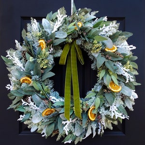 Frosted Green Eucalyptus and Orange Slice Wreath, Neutral Christmas Wreath, Neutral Holiday Wreath, Front Door Wreath, Winter Wedding