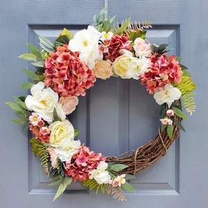 Pink Hydrangea White Magnolia Wreath, Cottage Core, Country Wreath, Farmhouse Decor, Front Door Wreath, Door Wreath, Valentine's Day Wreath