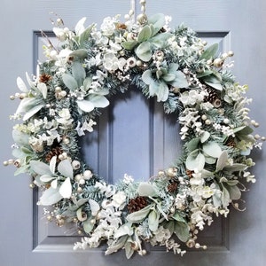 Frosted Green Lamb's Ear and Eucalyptus Wreath, Neutral Owl Christmas ...