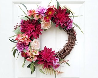 Burgundy Dahlia Grapevine Wreath, Blush Floral Front Door Wreath