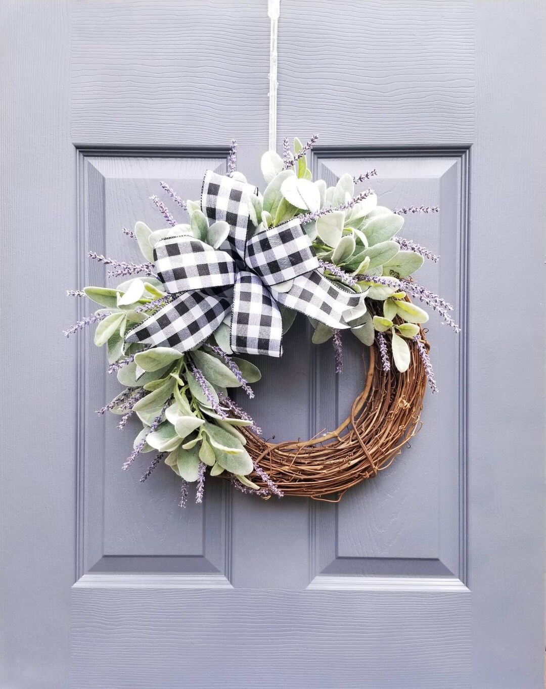 Lambs Ear & Lavender Farmhouse Wreath With Black and White Gingham ...