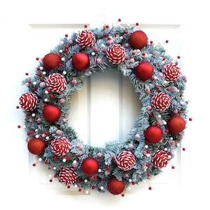 Red and White Snowy Candy Cane Winter Holiday Wreath, Christmas Wreath,  Entry Wreath, Front Door Wreath