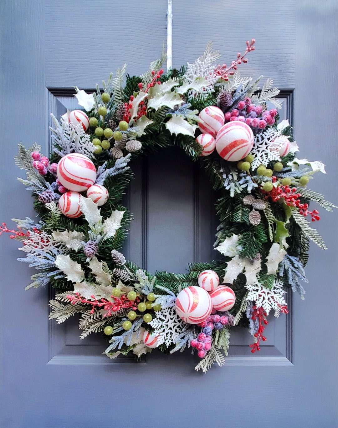 Red Green and White Snowy Peppermint Winter Holiday Wreath, Christmas