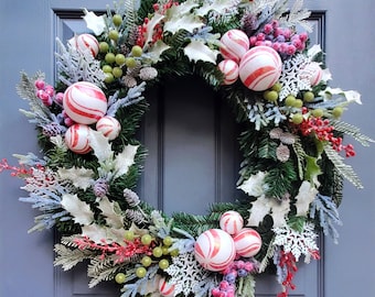 Red Green and White Snowy Peppermint Winter Holiday Wreath, Christmas Wreath,  Entry Wreath, Front Door Wreath, Merry Christmas