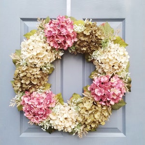 Pink Green & Cream Hydrangea Wreath, Valentine's Day Wreath, Wedding Wreath, Spring Wreath, Summer Wreath, Spring Wedding Decor, Front Door