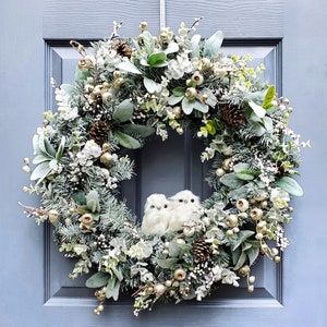 Frosted Green Lamb's Ear and Eucalyptus Wreath, Neutral Owl Christmas Wreath, Neutral Holiday Wreath, Front Door Wreath, Winter Wedding