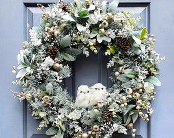 Frosted Green Lamb's Ear and Eucalyptus Wreath, Neutral Owl Christmas Wreath, Neutral Holiday Wreath, Front Door Wreath, Winter Wedding