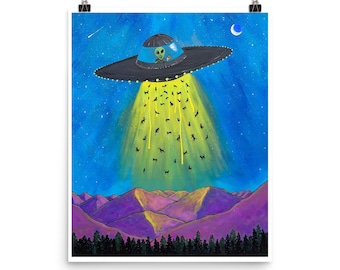 UFO Abducting Dozens of Cats Poster | Sci-Fi Wall Decor | Cat Lover Artwork | Alien and Cats Print | Unique Wall Art | Gift for Sci-Fi Lover