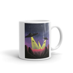 UFOs Abducting Dinosaurs on a White Glossy Mug | Sci-fi Lovers Gifts | Aliens Abduction Dinosaurs Home Decor | Unique Coffee Mug