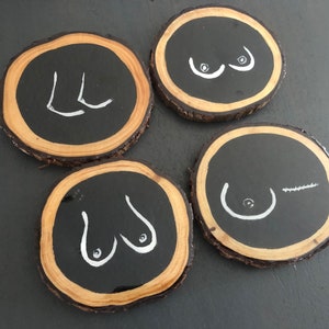 Custom Boobie Coasters | Minimalistic Art | Feminist Artwork | Set of Four Hand Painted Resin Coasters | Unique Housewarming Gift image 1