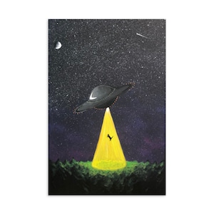 Cat UFO Abduction Postal estándar / Sci-Fi Mini Art / Alien Abducting Kitten Artwork / Unique Stationary / Cat Lover Decorations